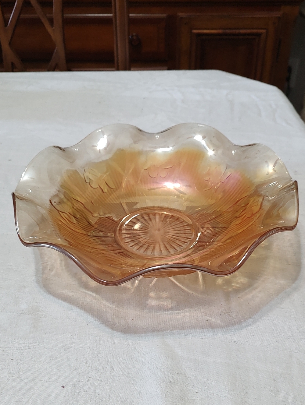 Vintage Iris And Herringbone Iridescent Amber Glass Bowl
